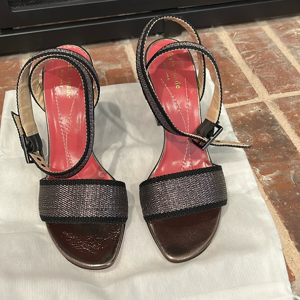Kate Spade - high heel sandal with ankle wrap strap. Black and silver. Size 9